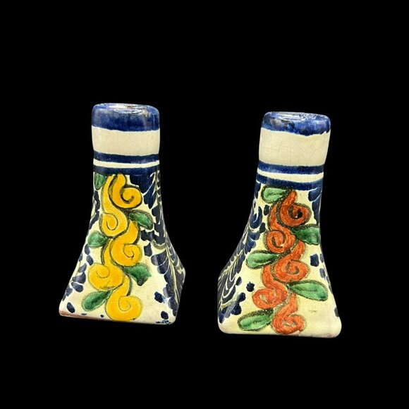 Set of 2 Talavera Candlestick / Mini Bud Vases Mexico Hand-Painted 4.5 x 2.5 in - Picture 1 of 6